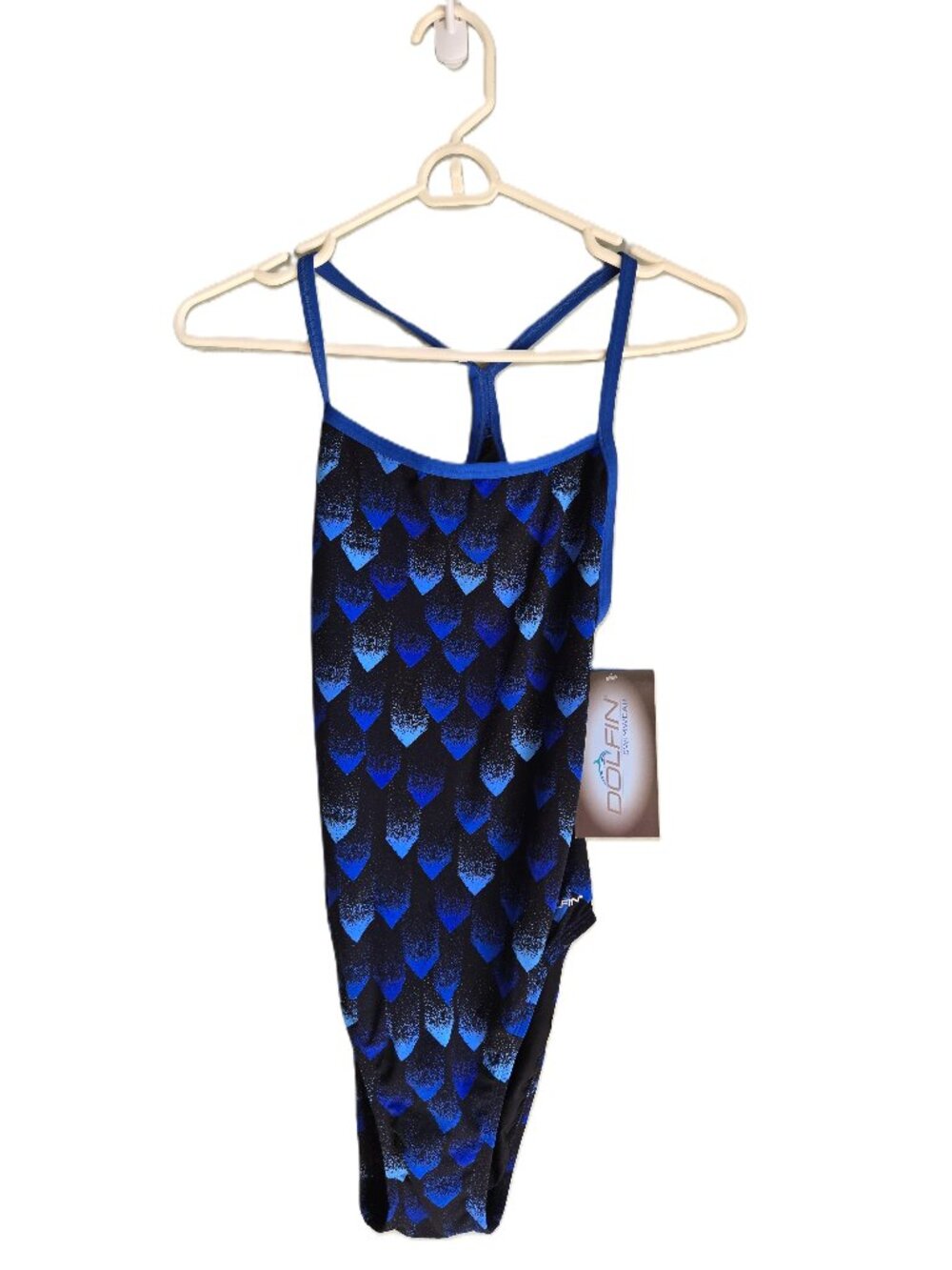 NWT DOLFIN RELIANCE Blue/Black Geo 1-Piece Competition Swim Suit Women's 36/10